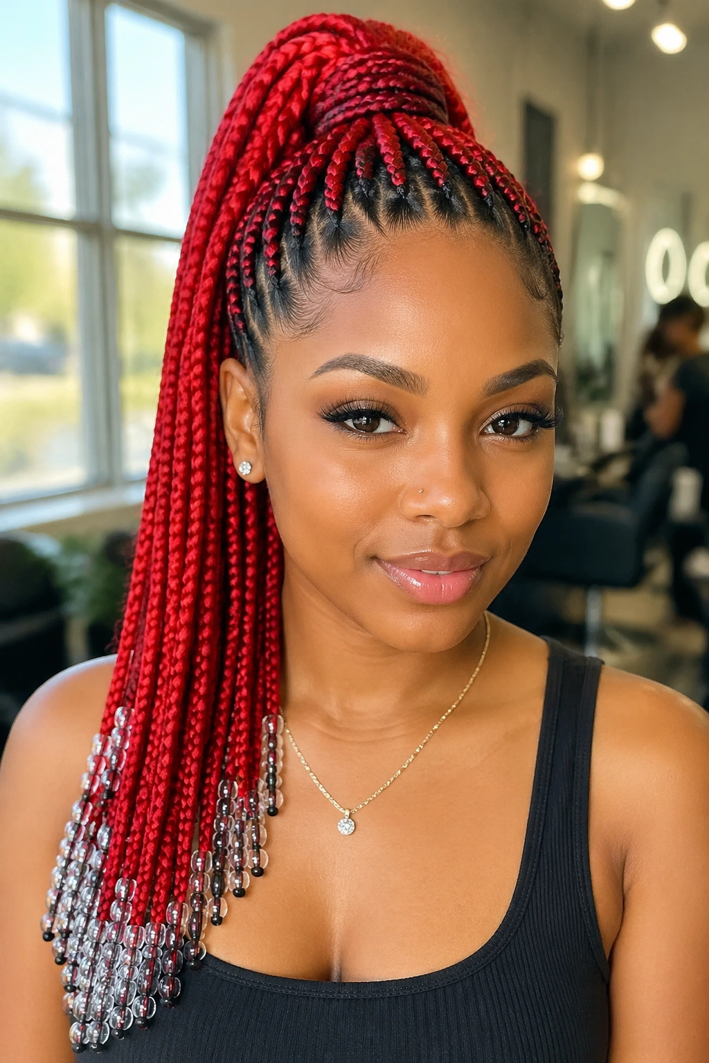 Close-up of a real woman with sleek red knotless braids in a high ponytail
