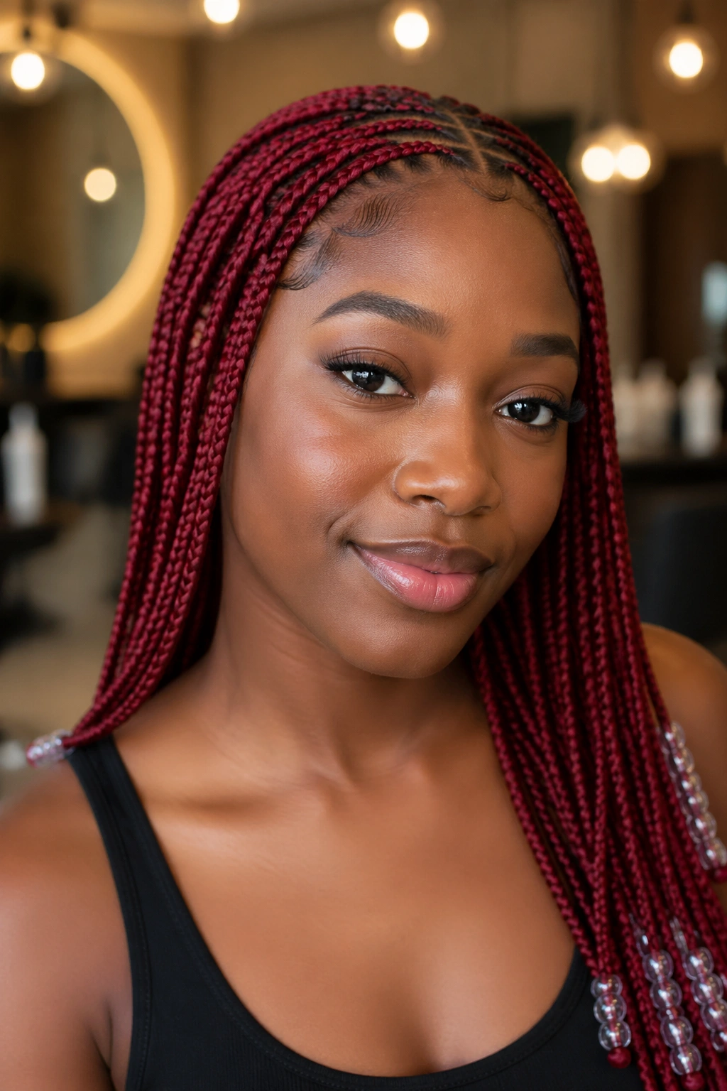 Close-up of a real woman with red knotless braids and beads only on the ends in a warm indoor setting