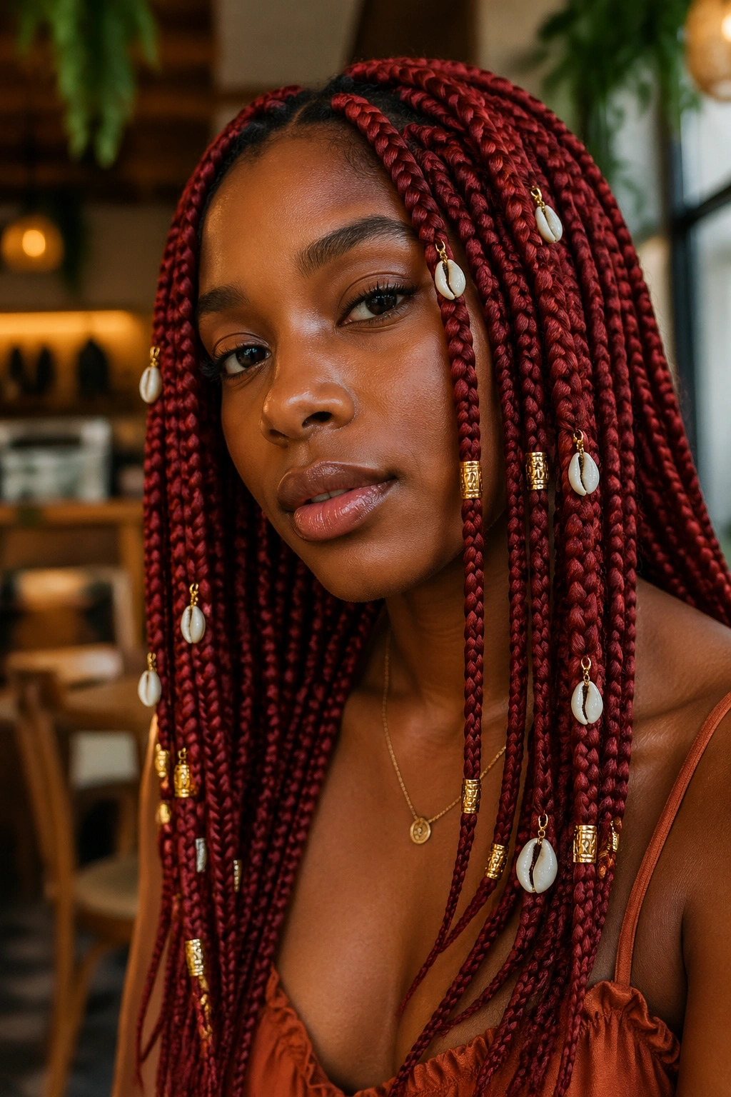 Real woman with red knotless braids featuring shell and gold beads mix