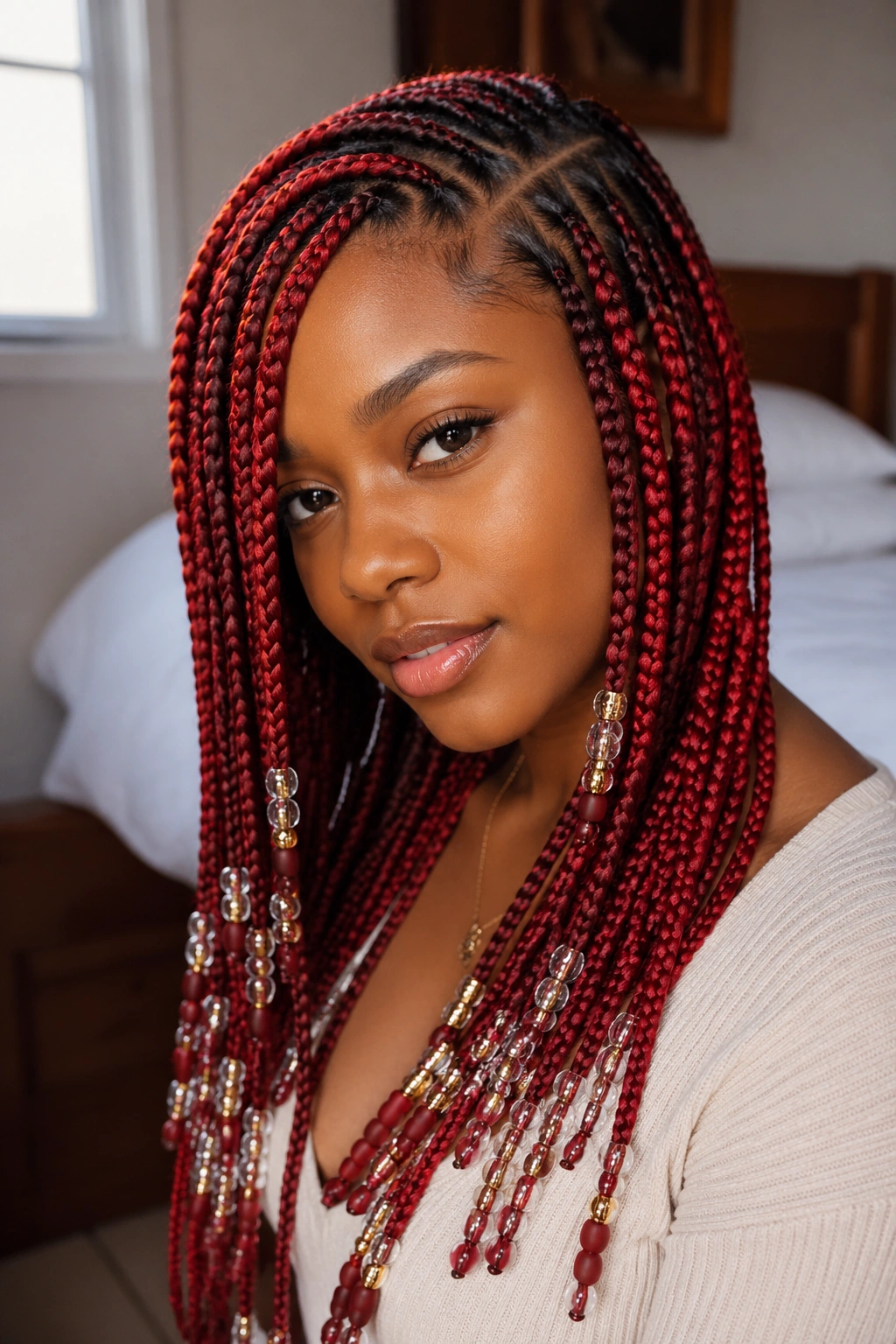 Real person with deep side-part red knotless box braids and mixed beads