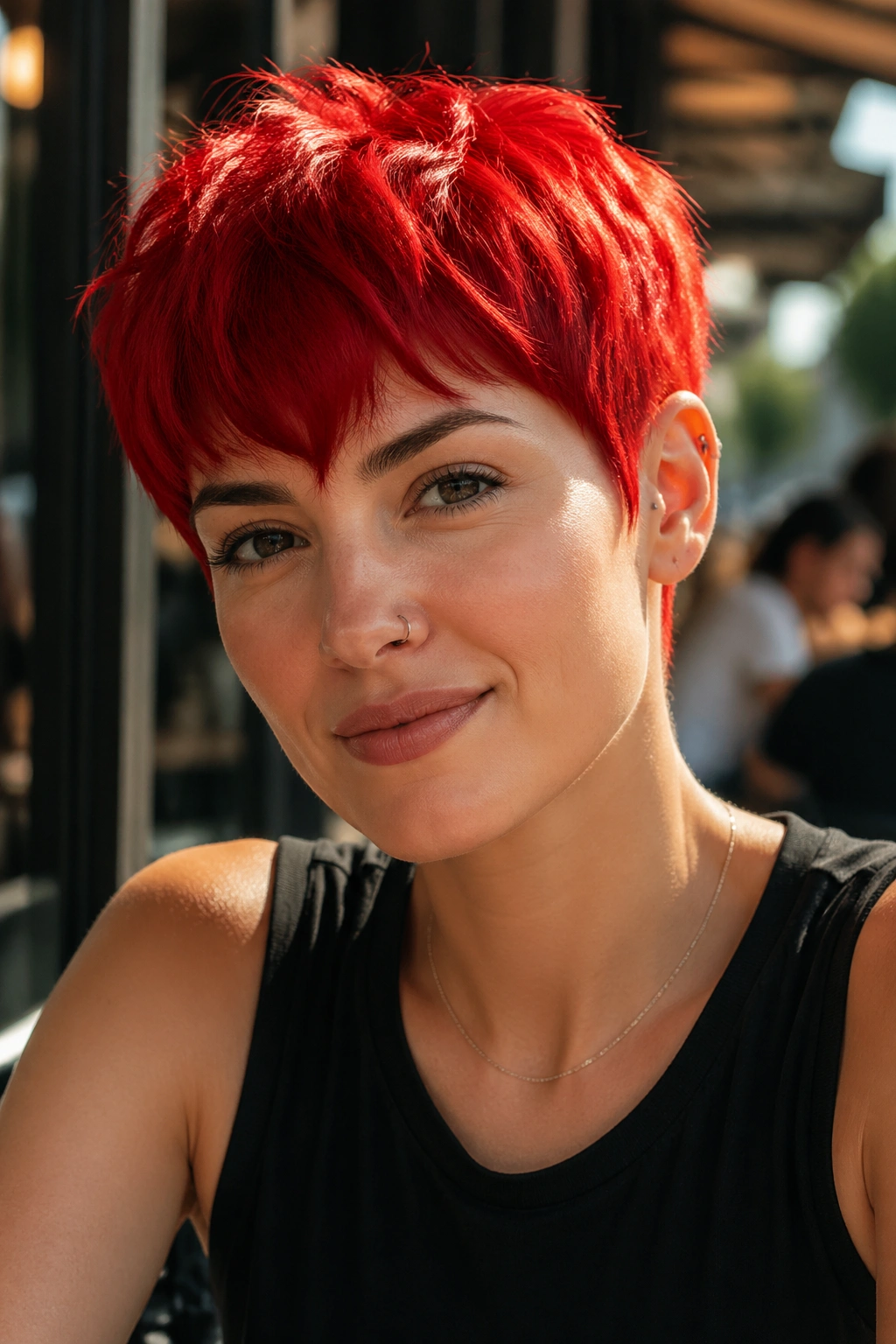 Close-up of a real person with a fiery red pixie cut in warm sunlight