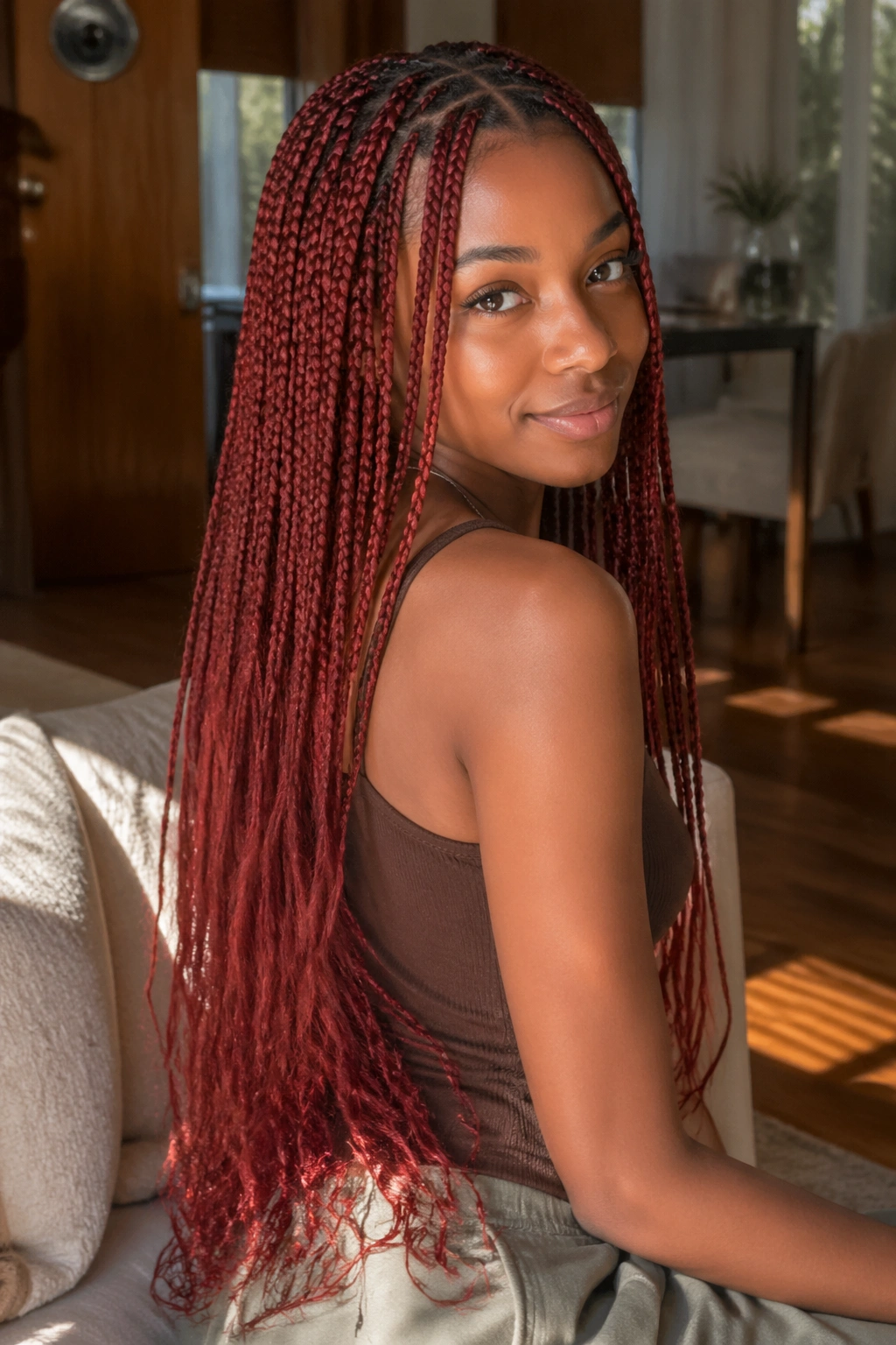 Close-up portrait of a real woman with waist-length slim red knotless box braids and soft layered ends