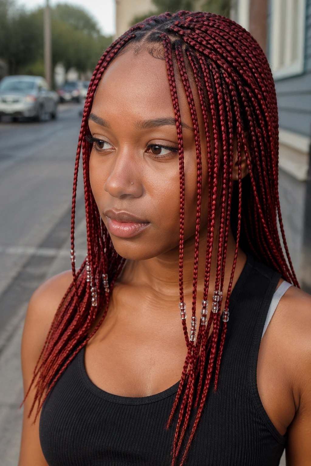 Close-up of small red knotless braids with tiny seed beads on a real person