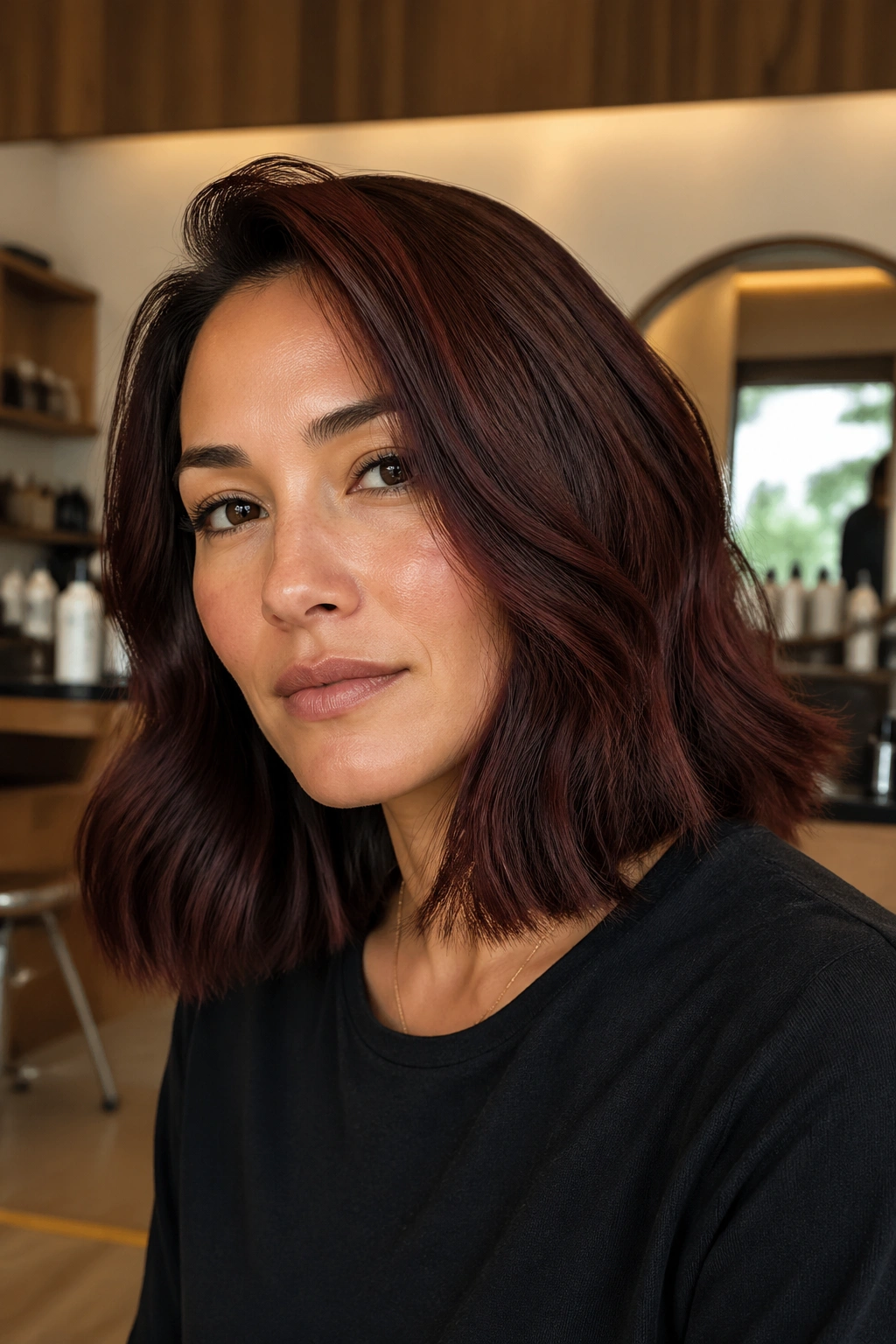 Close-up of a woman with redwood brown hair in a warm salon setting