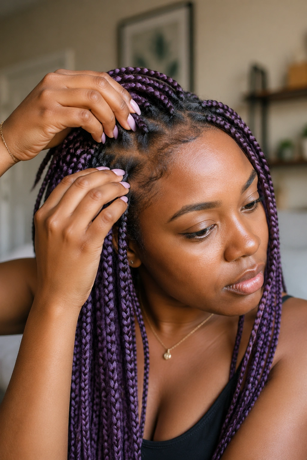 Real woman examining braid roots