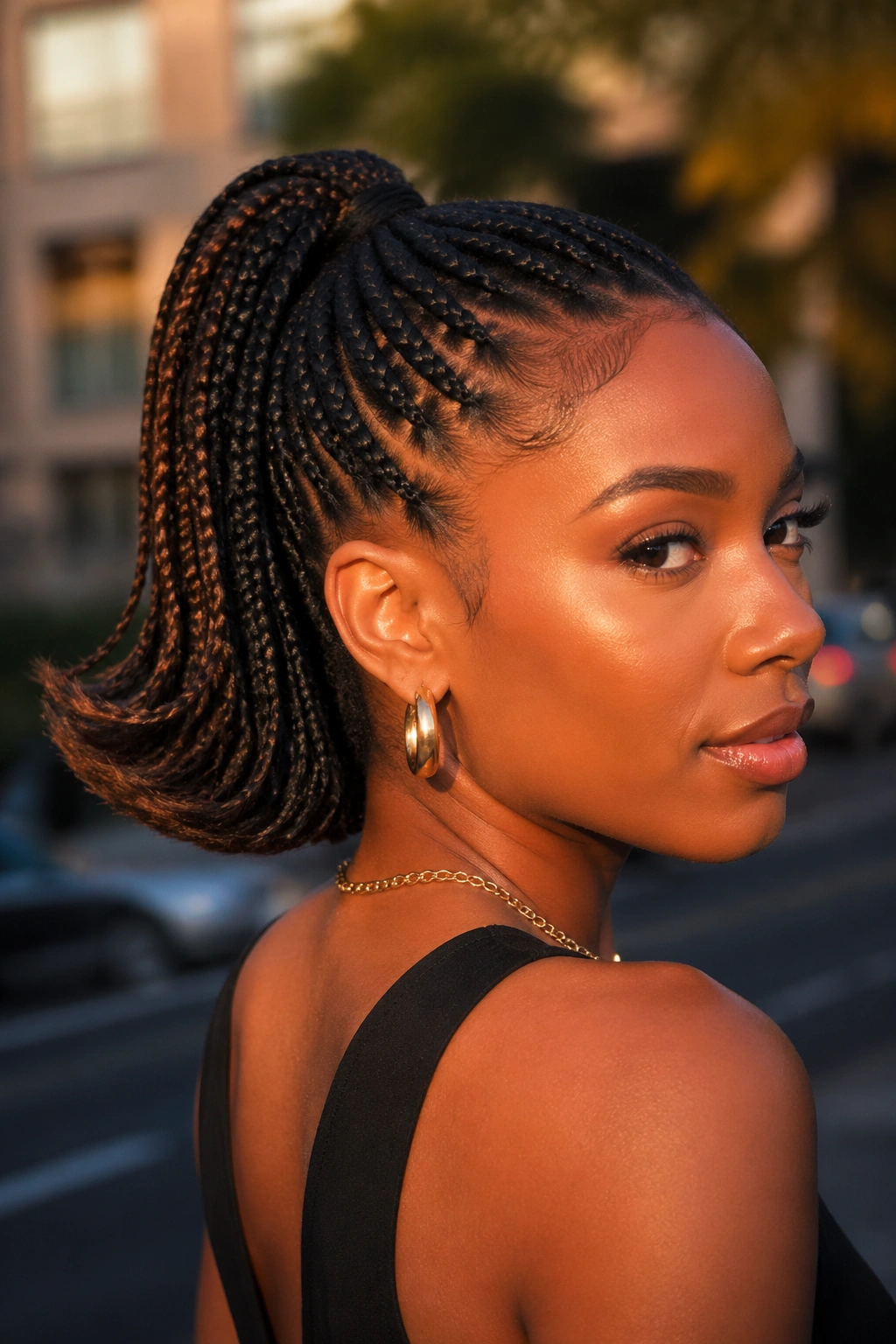 Side-profile of a real person with a retro flip ponytail.