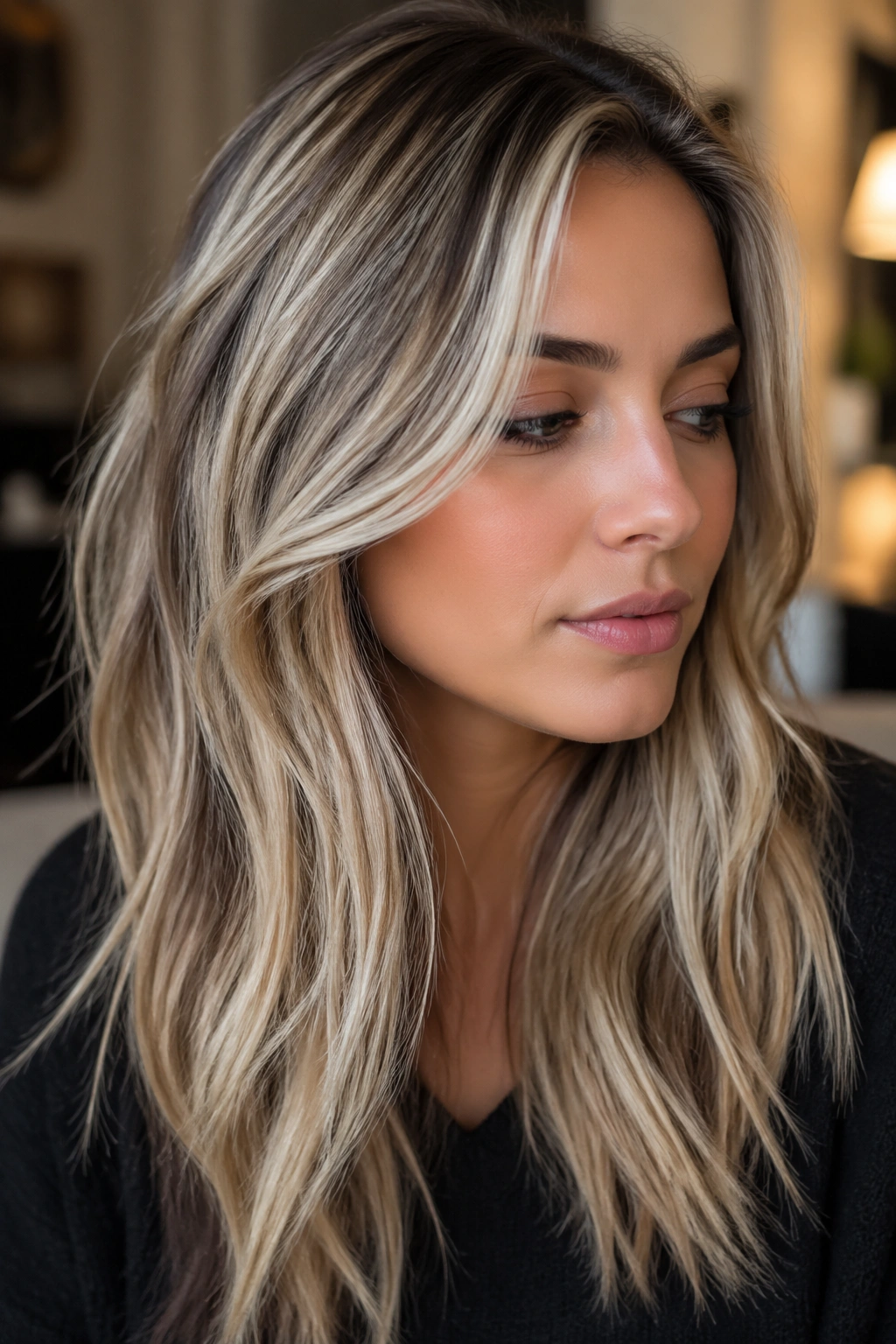Close-up portrait of a real woman with light blonde and dark lowlights for reverse balayage.