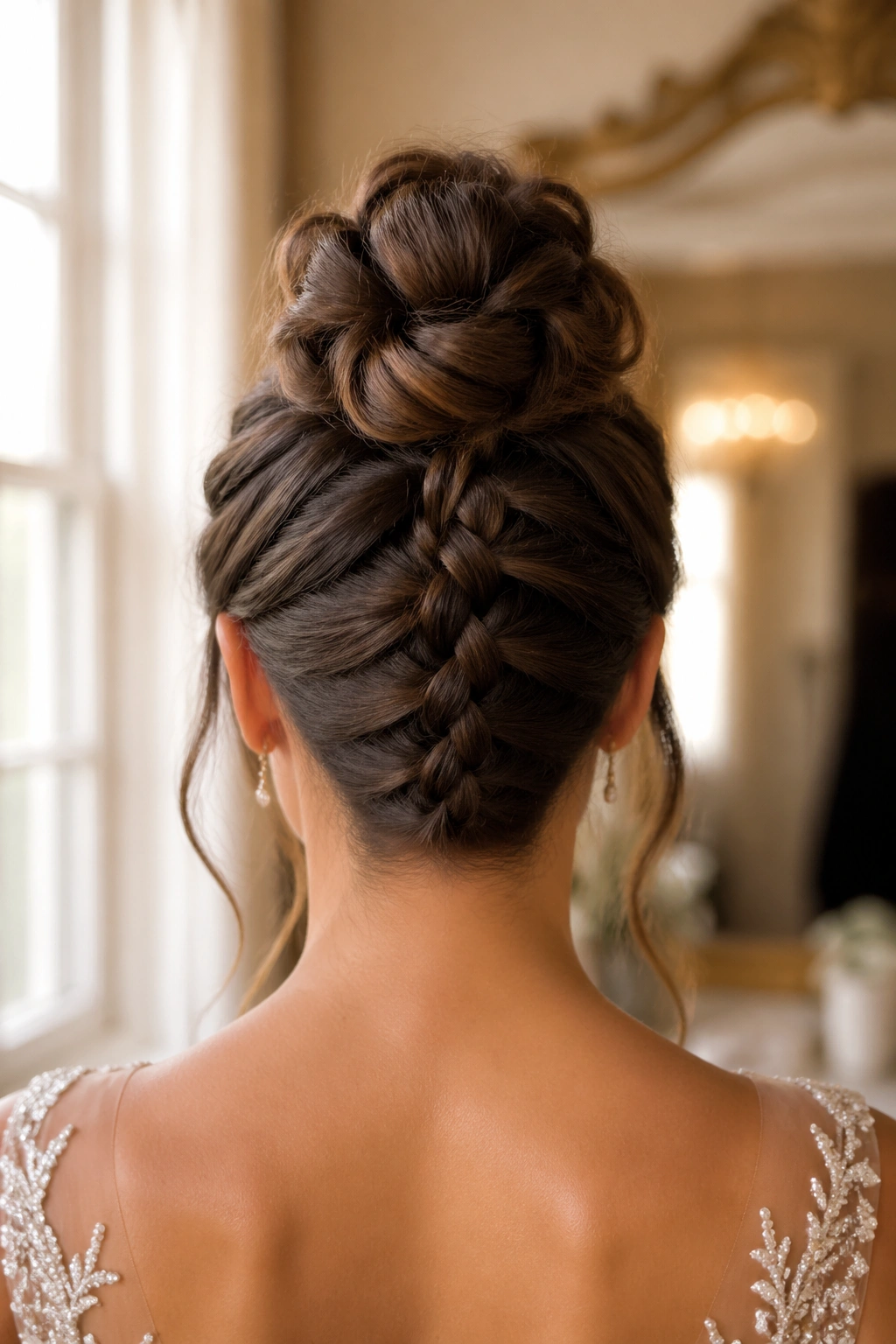 Close-up of a real woman with a reverse braid bun at the nape, hair sculpted into a bun at the crown
