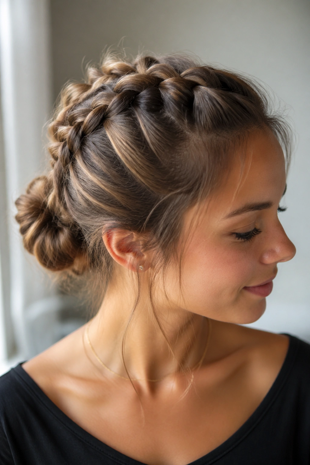 Close-up portrait of a real woman with a raised reverse Dutch braid and bun at the nape