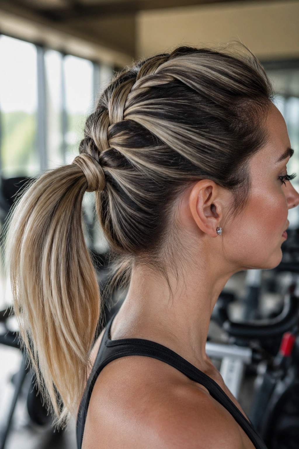 Profile view of a real woman with a reverse French braid feeding into a ponytail