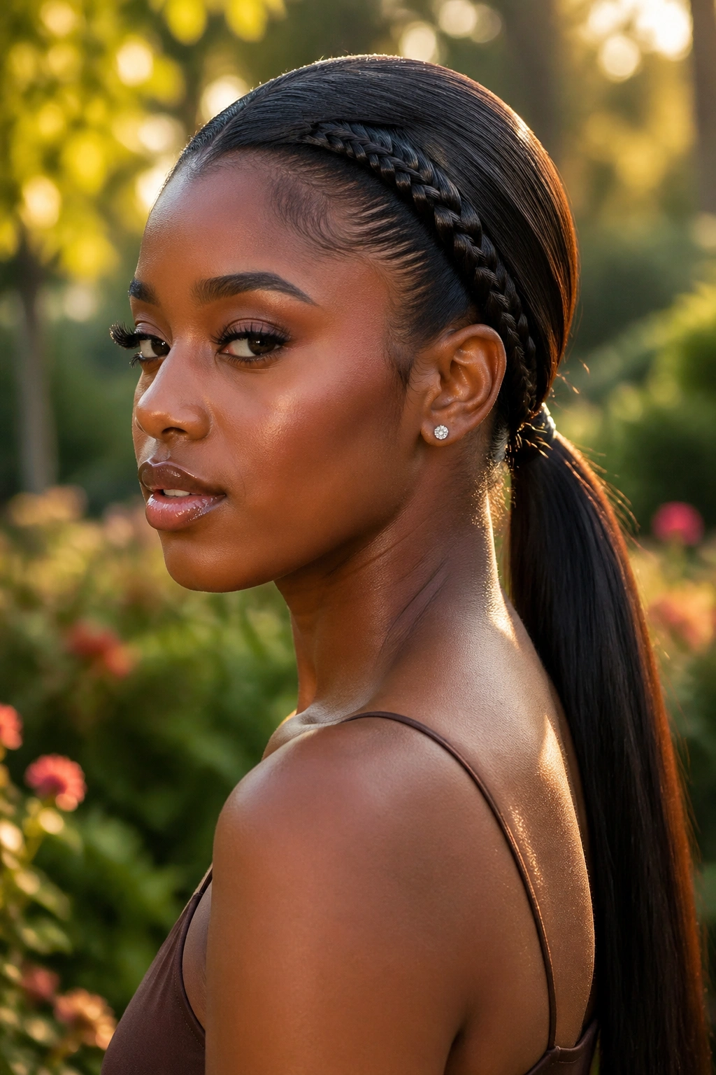 Close-up of a real woman's head showing a backward-curving lace braid into a low ponytail