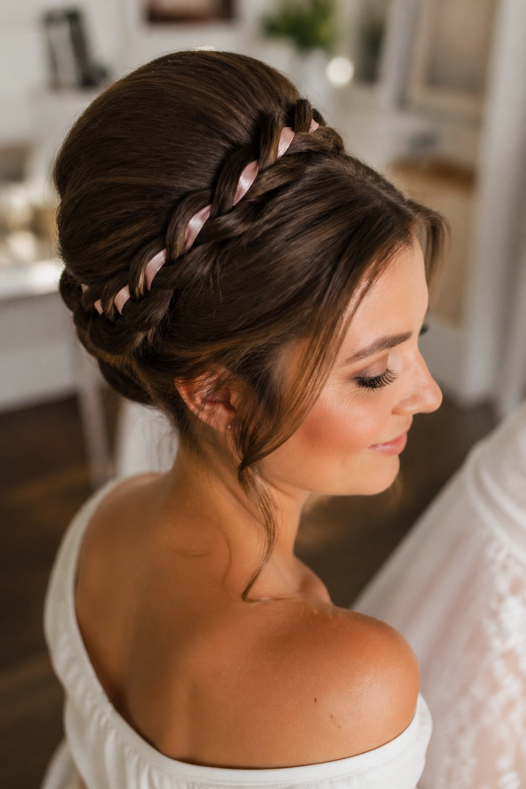 Close-up of a bride's beehive braided crown with a satin ribbon woven through.