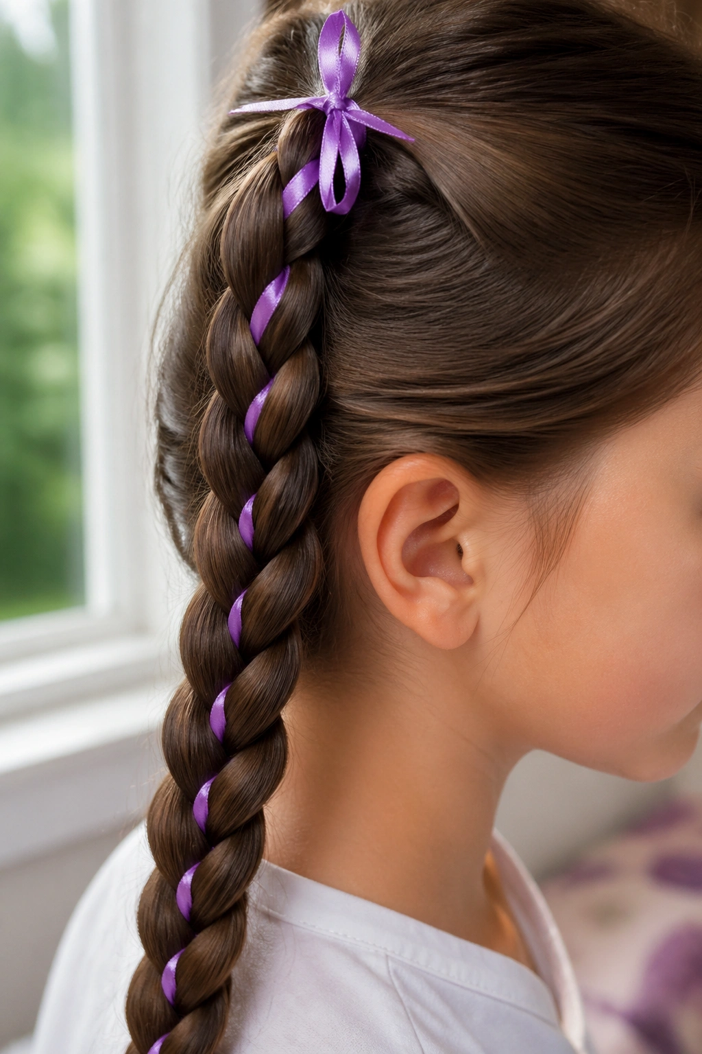 Close-up of a ribbon-woven braid with a satin ribbon woven through the braid.