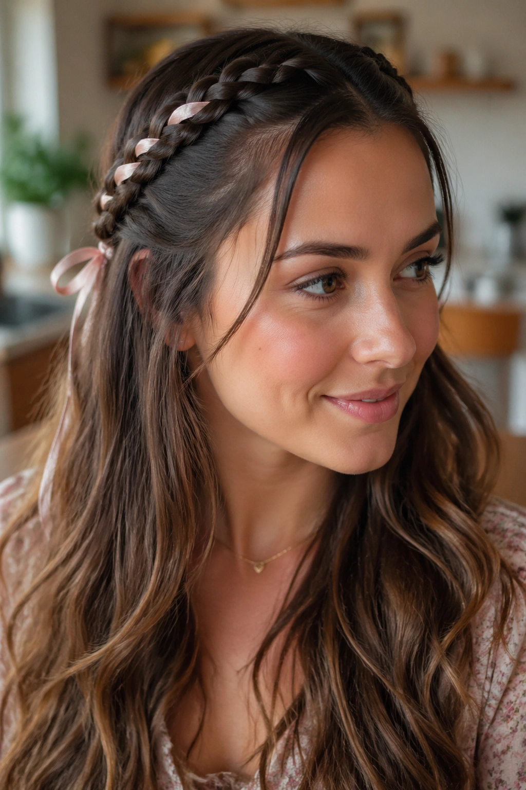 Close-up of a real woman's head with a double ribbon half-up braid