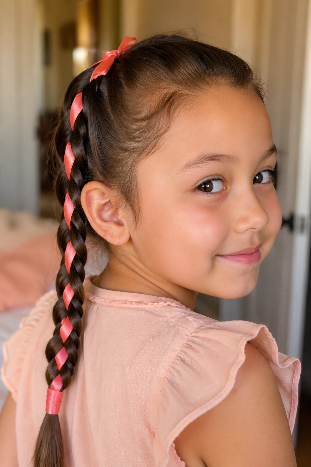 Close-up of a real child with a ribbon-woven braid; colorful ribbon braided neatly for a school morning