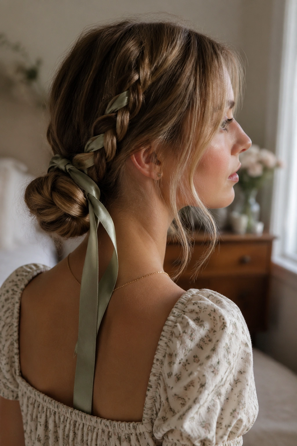 Close-up of a real woman's head showing a low braided bun with tucked ribbon ends and visible ribbon texture