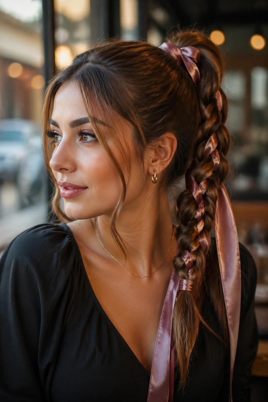 Close-up of a real woman with ribbon-woven braid ponytail
