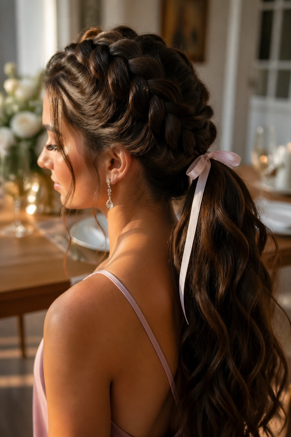 Close-up of a real woman wearing a French braid ponytail with a ribbon tie