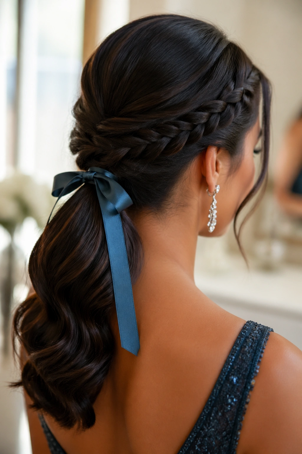 Close-up of a real woman with a ribbon-tied braided ponytail portrait
