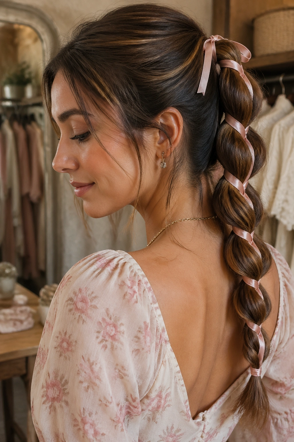 Close-up of a real woman with a ribbon-tied bubble braid