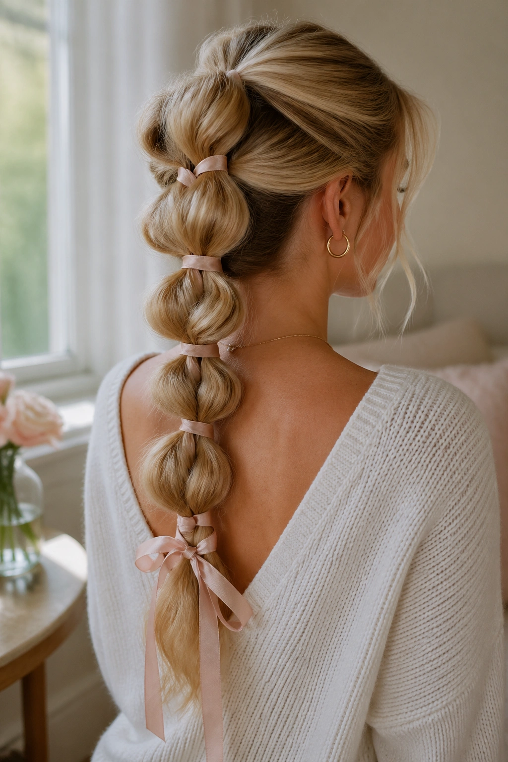 Close-up of a real person wearing a ribbon-wrapped bubble braid in soft color
