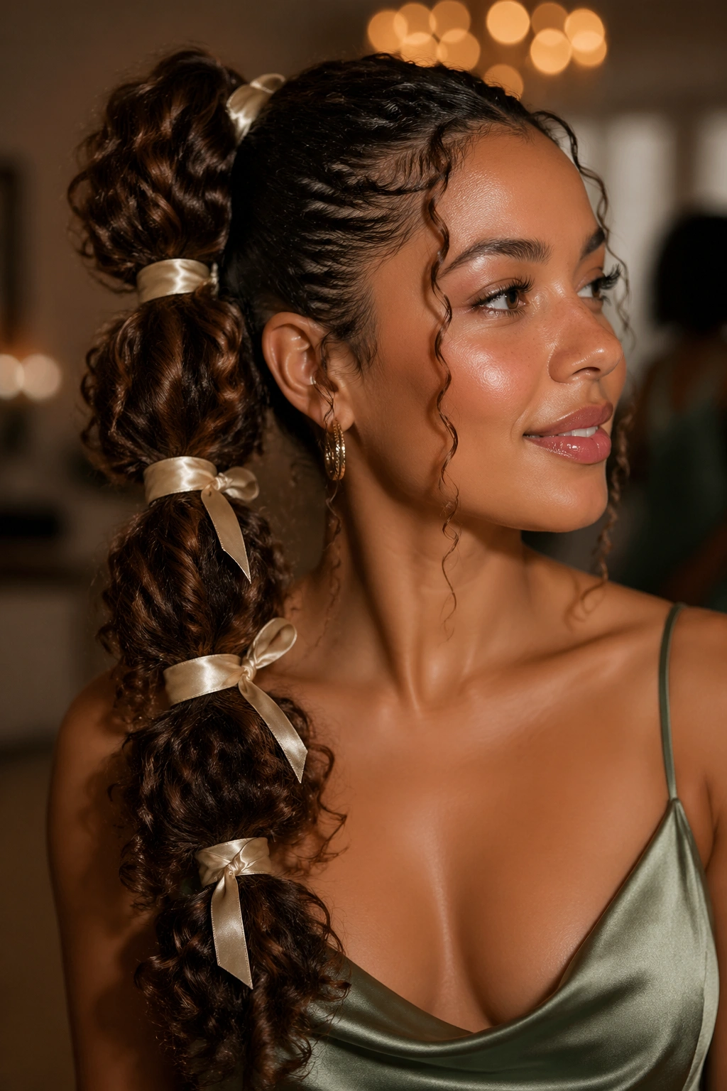 Real woman wearing a ribbon-wrapped bubble ponytail with satin ribbon accents