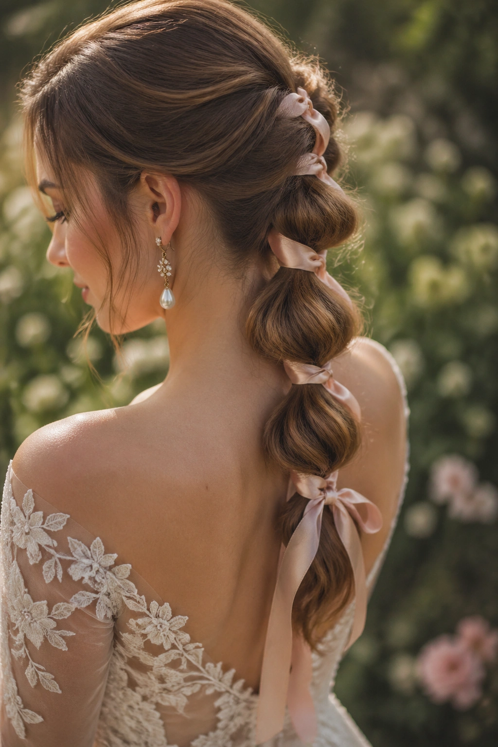 Close-up of a bride's ribbon-woven bubble ponytail in a garden wedding setting