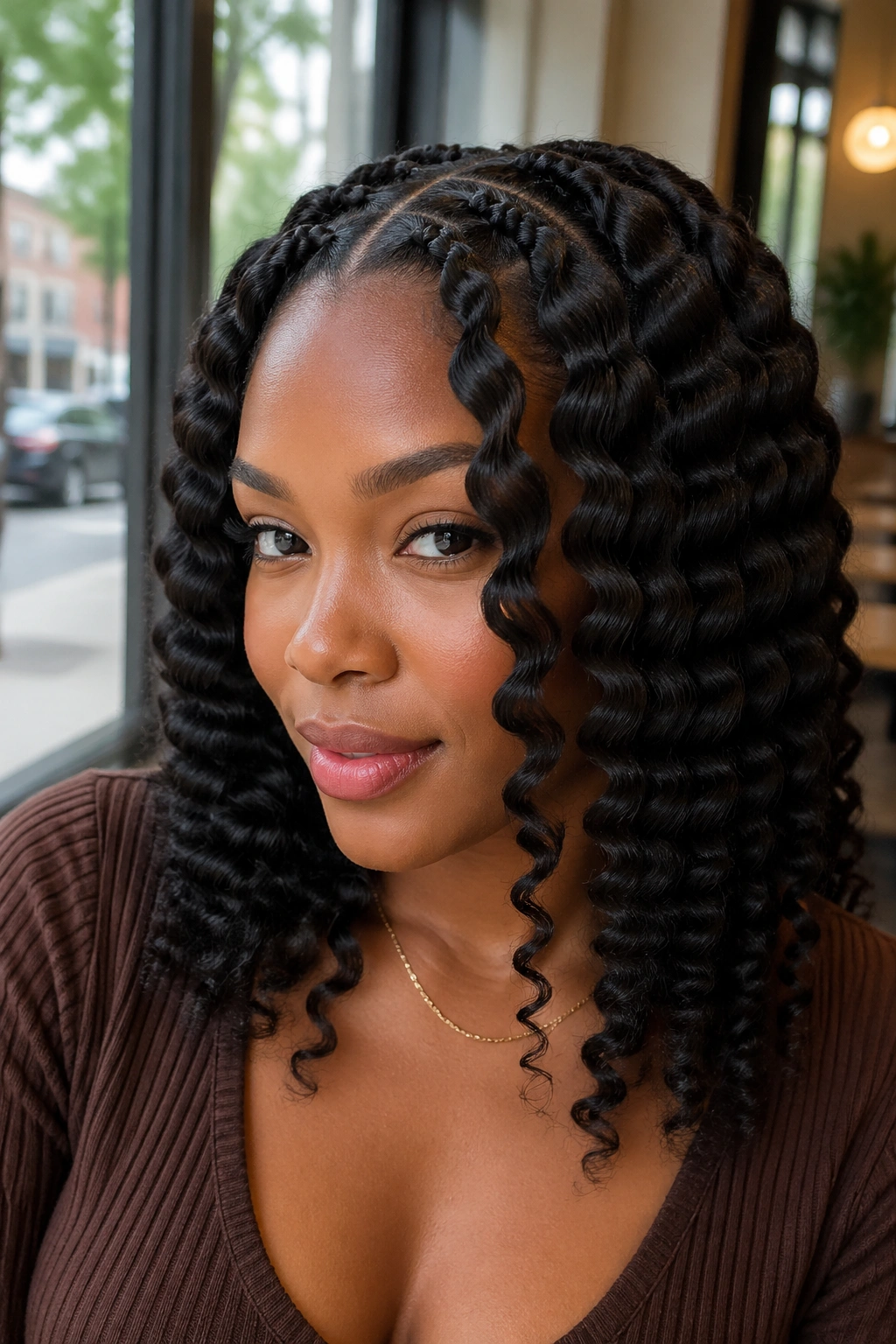 Real woman with ribbon-defined braid-out showing clear wave bands.