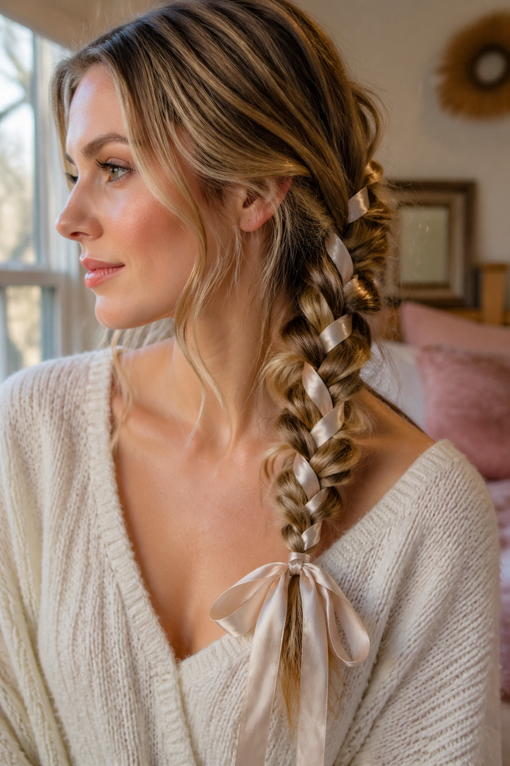 Close-up of ribbon-tied messy fishtail braid on a real woman
