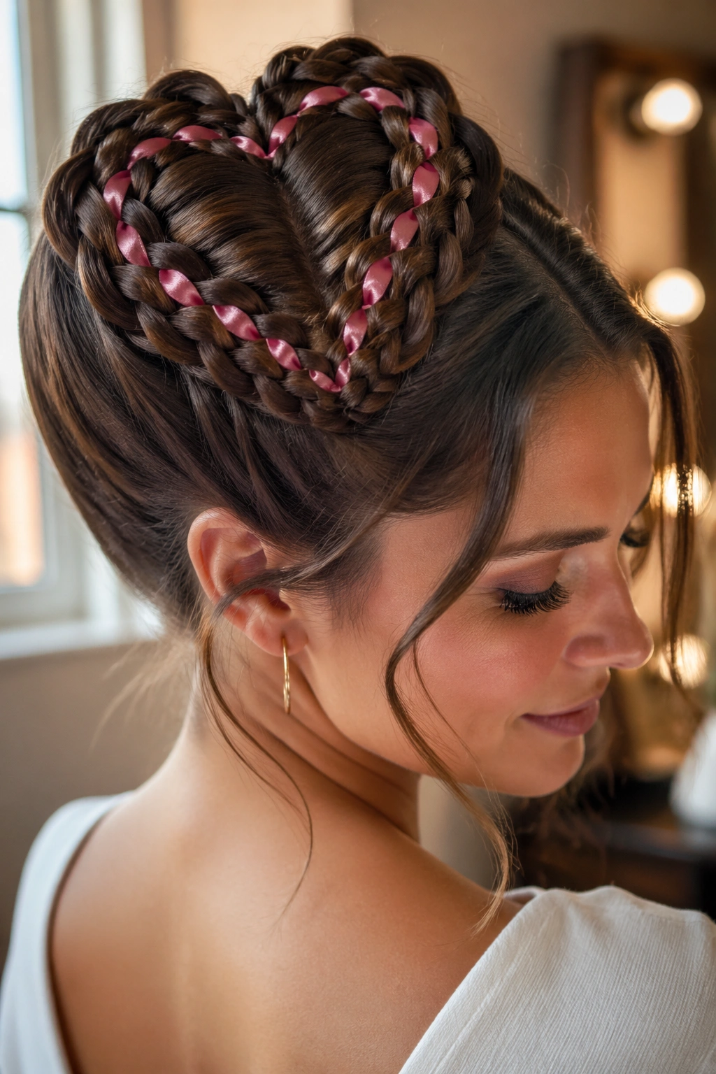 Close-up of a real person with a ribbon-woven heart braid