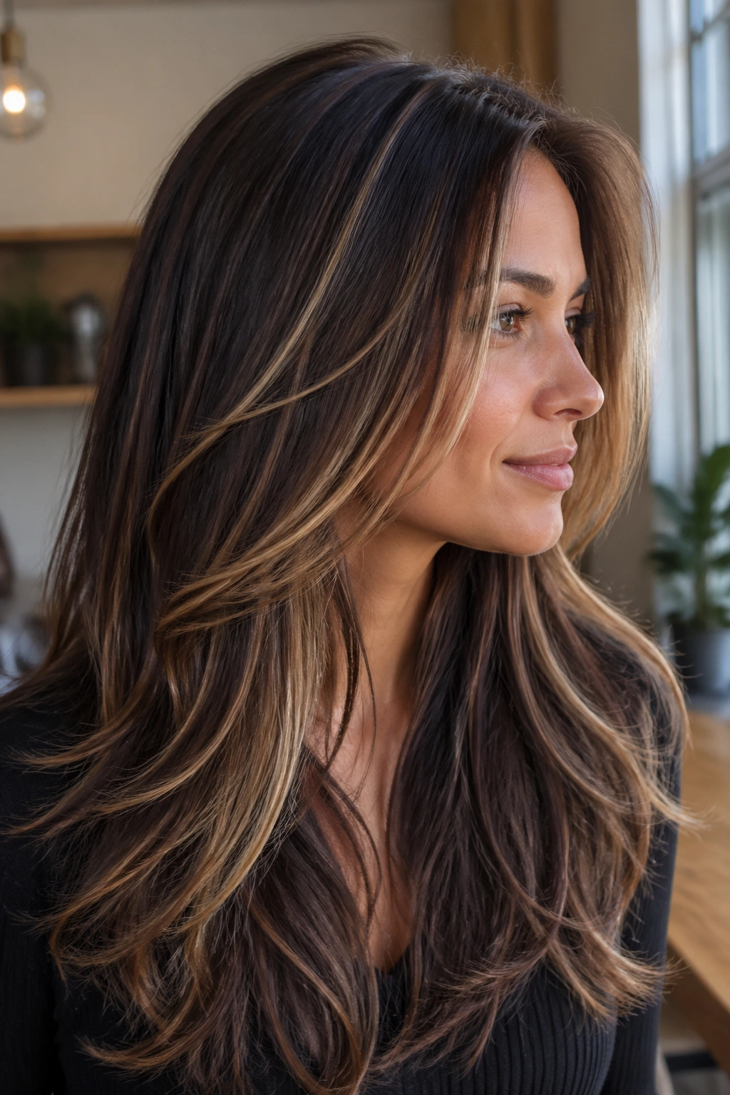 Long layered hair with ribbon highlights seen from the side
