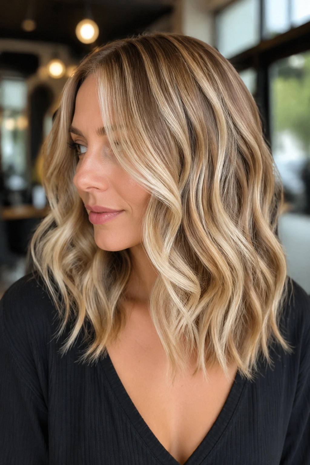 Wavy hair with ribbon highlights catching light
