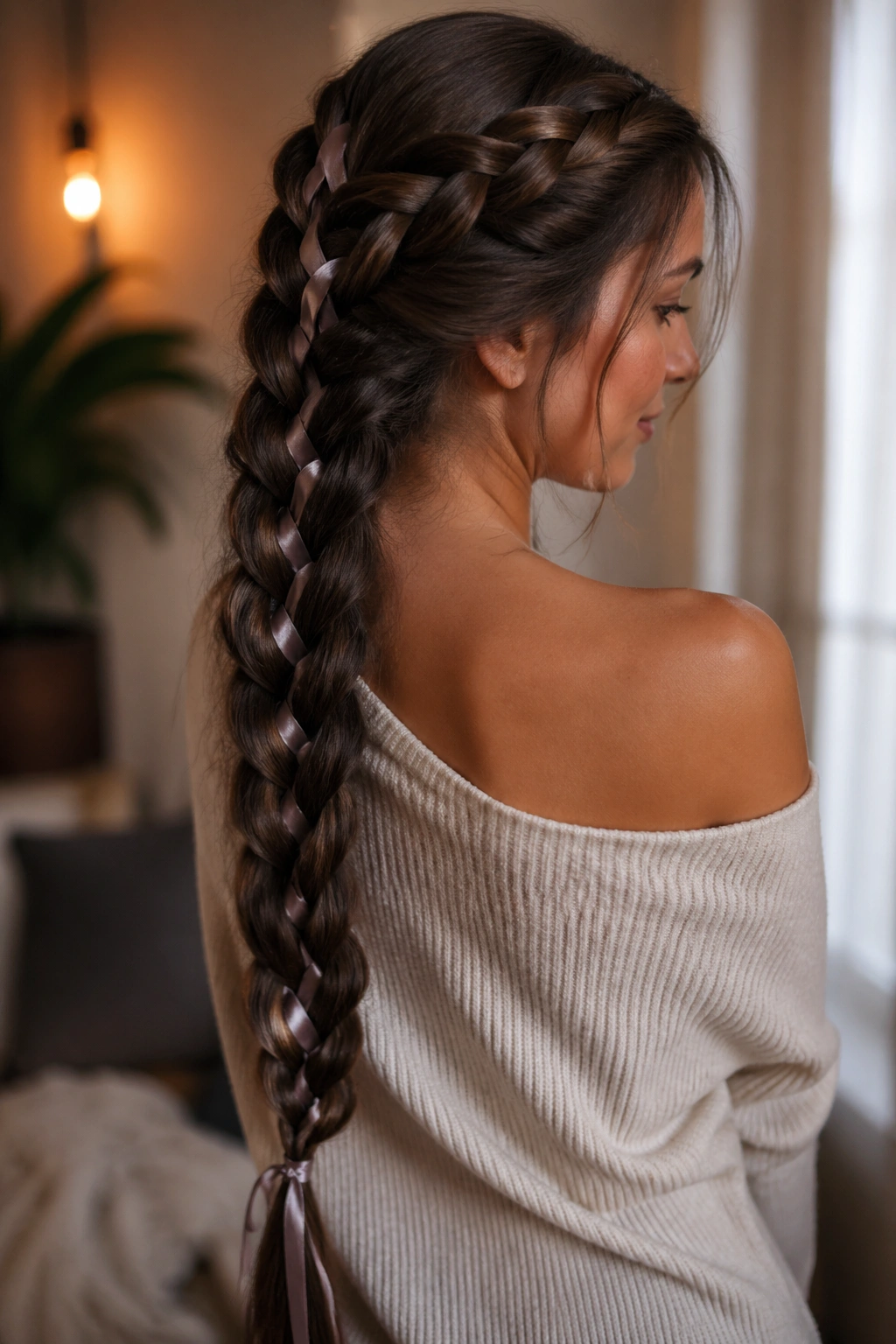 Close-up portrait of a real woman with a ribbon-woven lace braid in waist-length hair.
