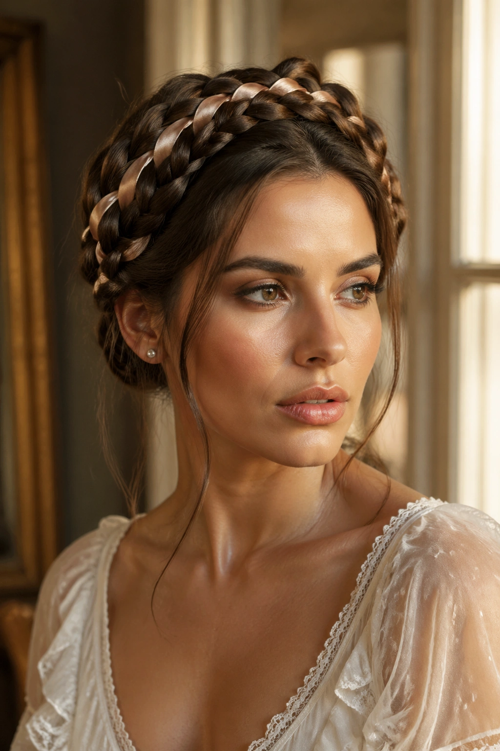 Close-up of real woman with ribbons woven through milkmaid braids