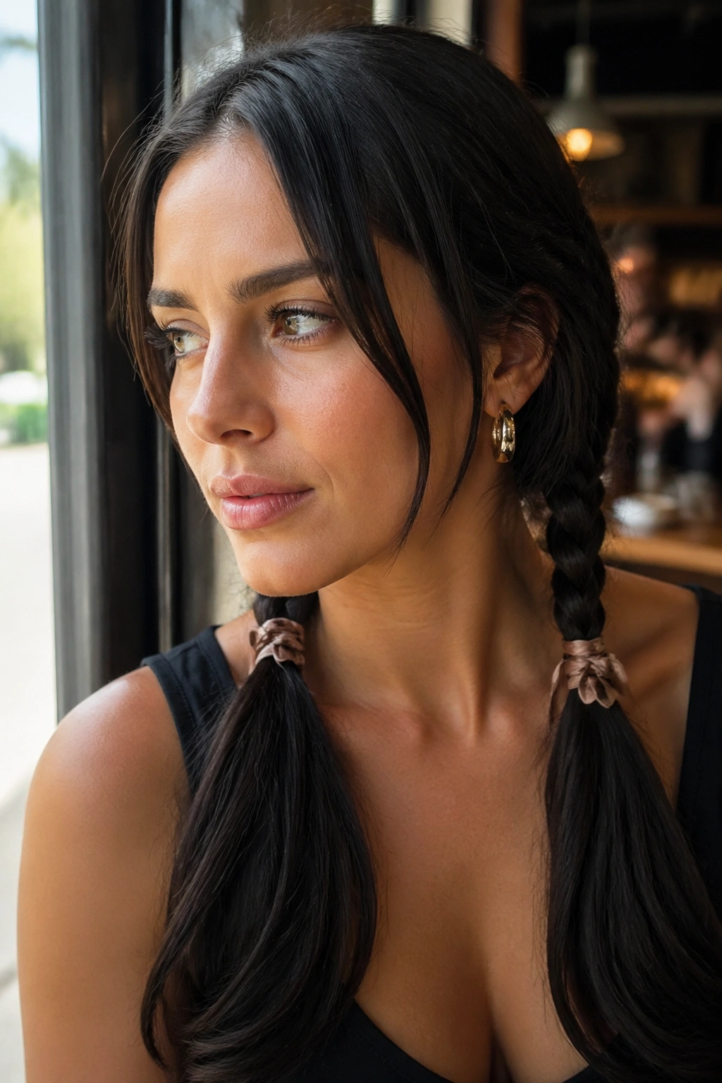 Real woman with ribbon-wrapped pigtail braids, satin ribbon at base, in a sunlit cafe setting