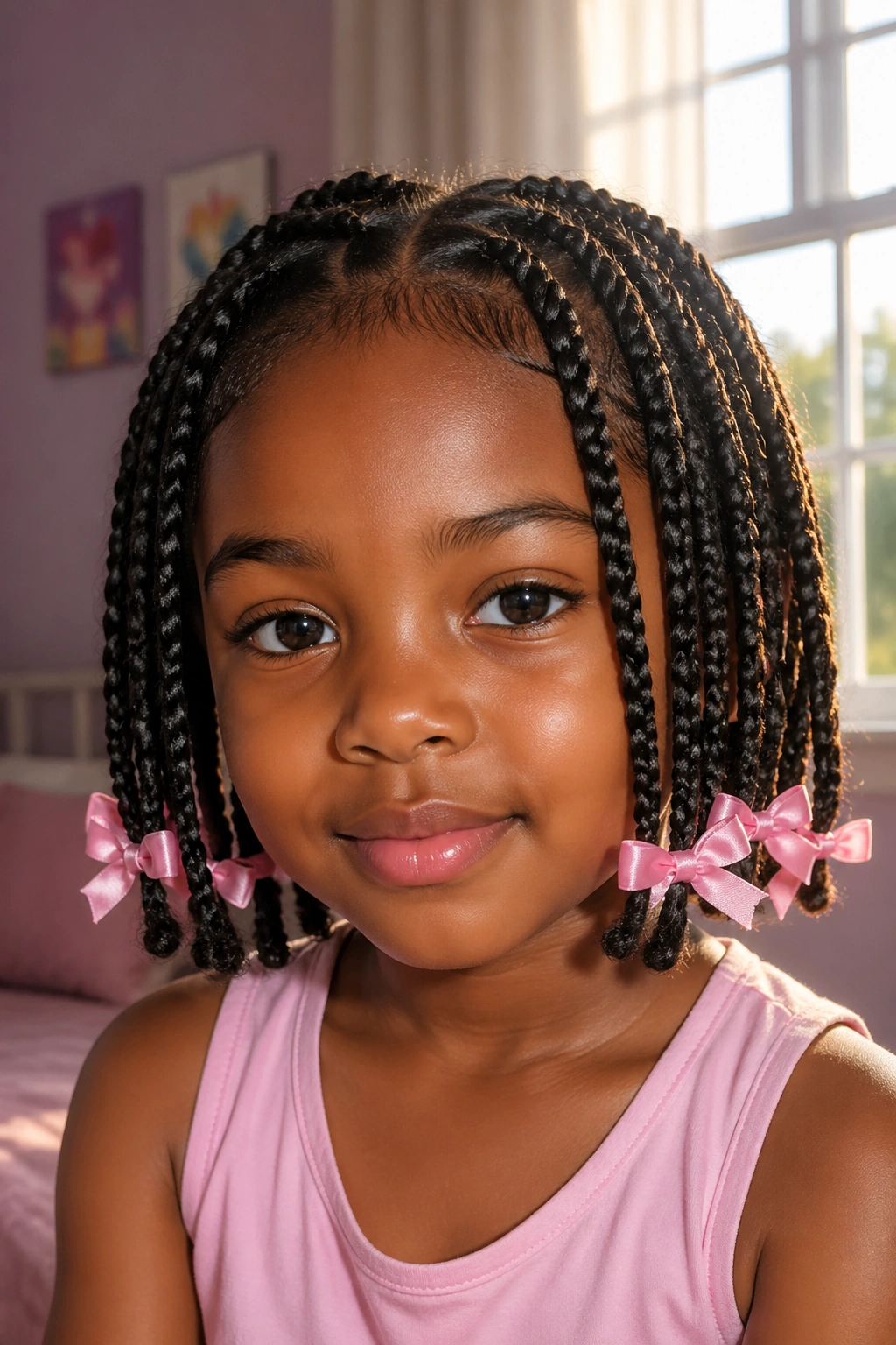 Close-up of a child with ribbon-tied short box braids and satin ribbon ends in a sunlit bedroom