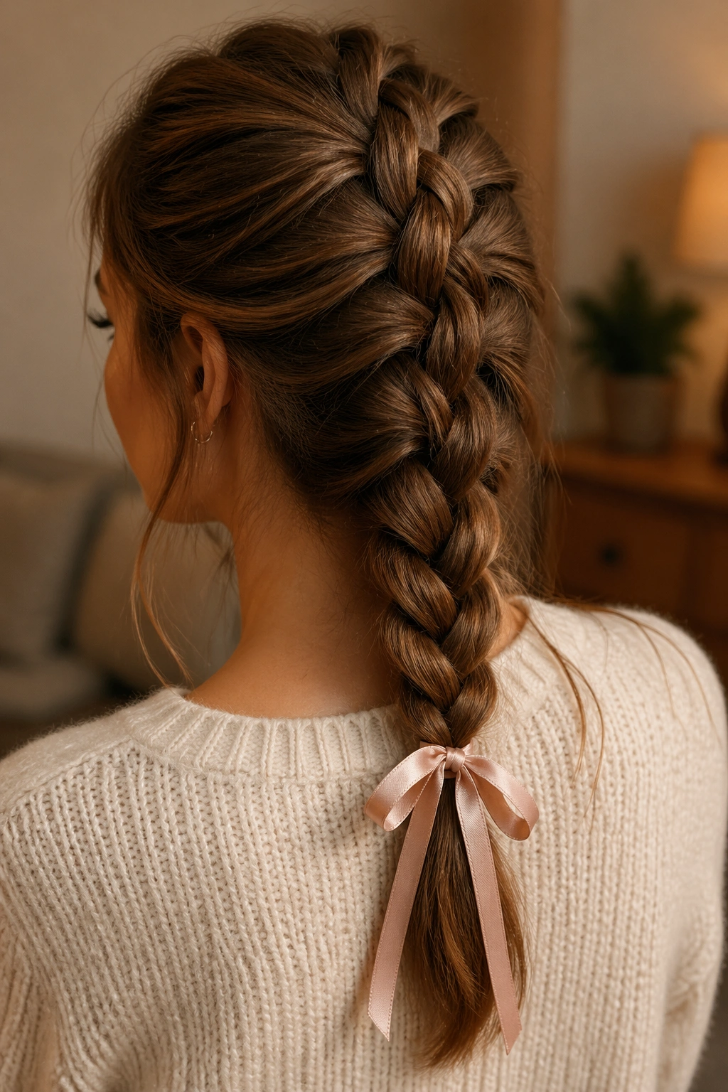 Real woman wearing a French braid tied with a small satin ribbon