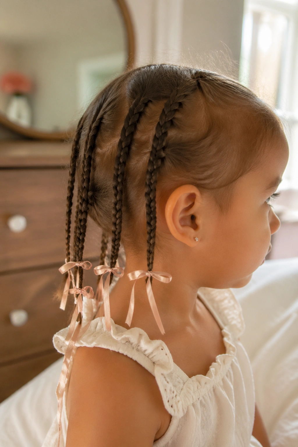 Real person with ribbon-tied mini braids along side, ribbon accents highlighting nap-friendly style.
