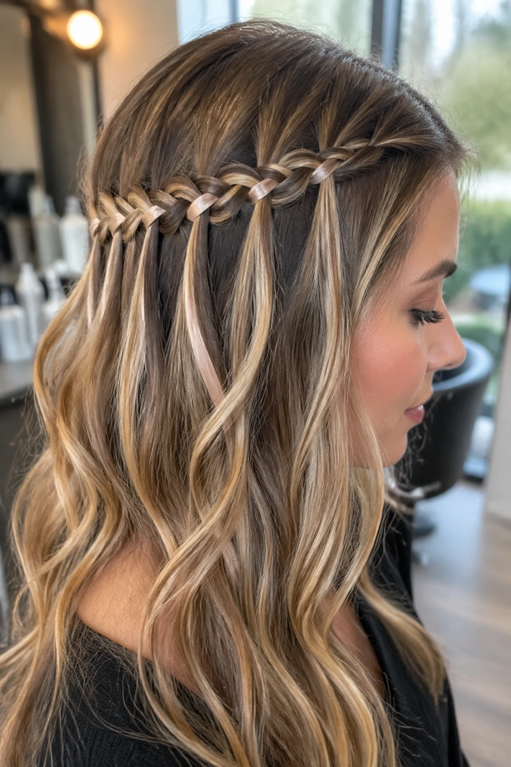 Close-up of ribbon woven waterfall braid on a real person with multitone hair