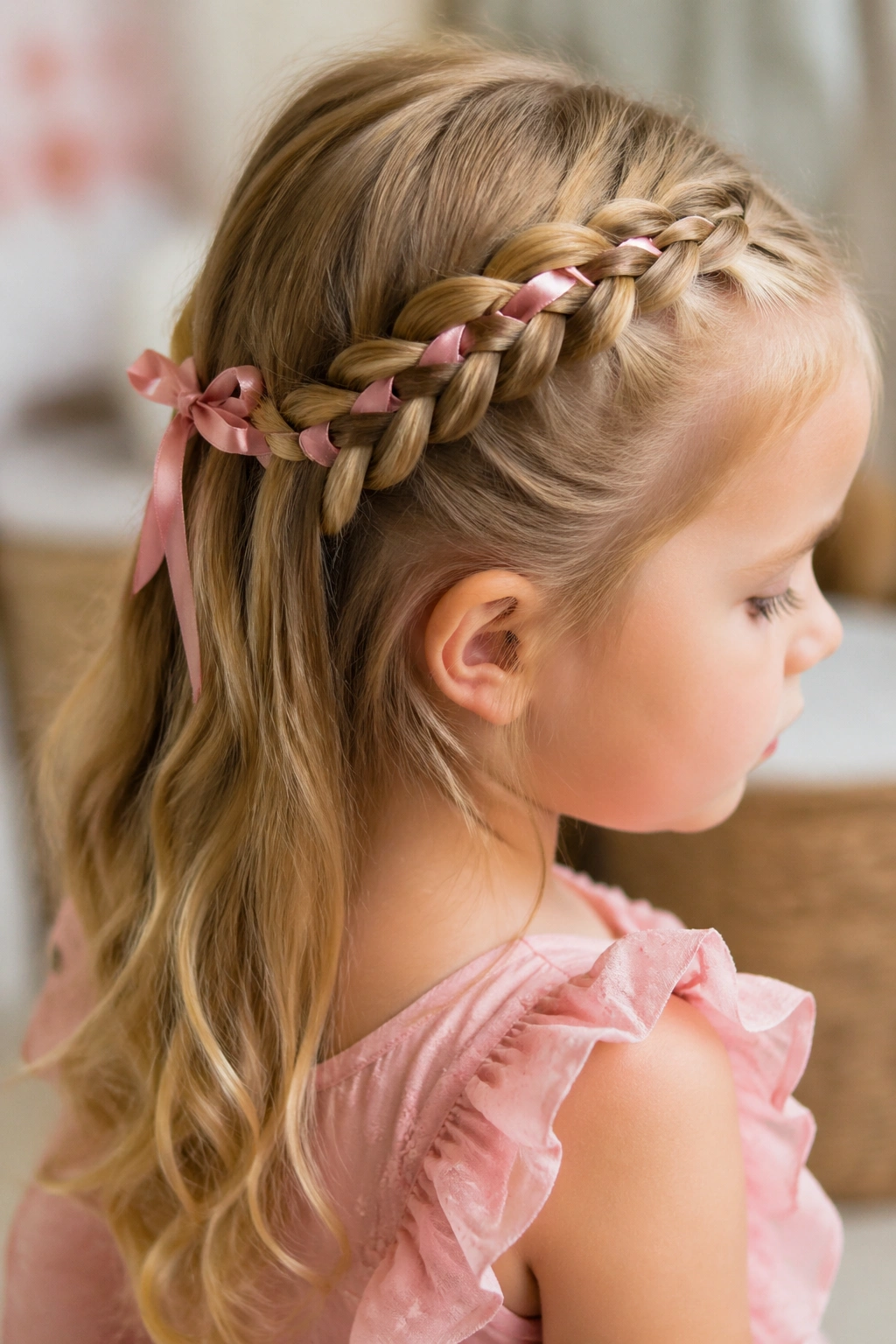 Toddler with side-swept pancake braid and ribbon weave