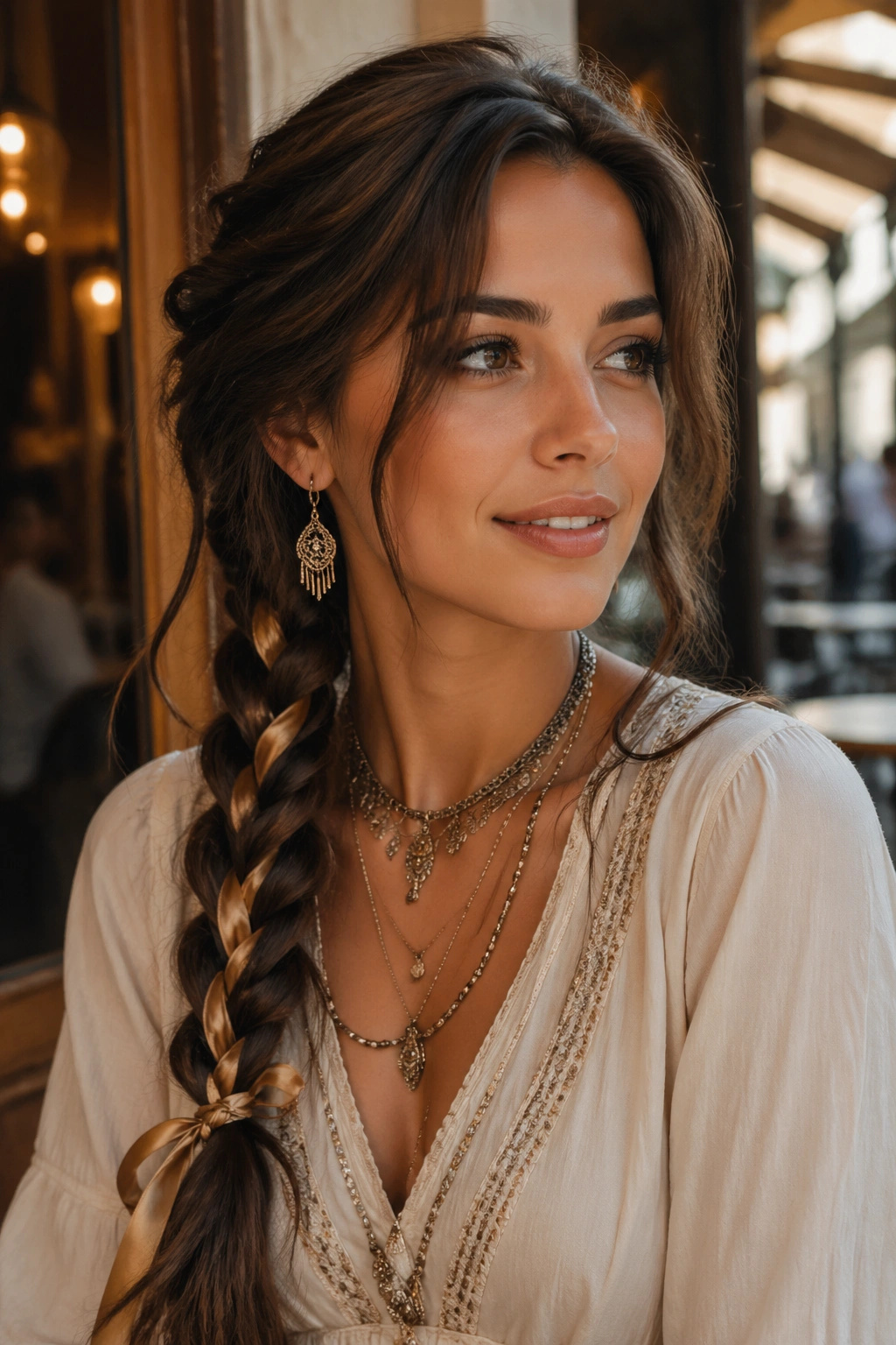 Close-up of a real woman with Chunky Side Braid with Ribbon Weave