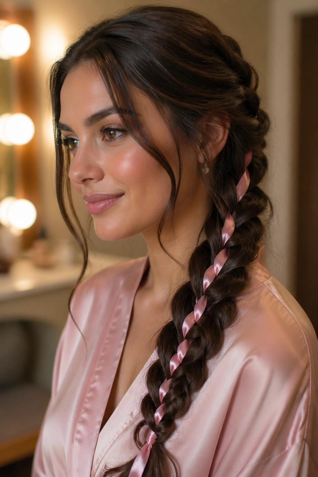 Close-up of a real woman with a ribbon-woven braid, ribbon threaded through the braid