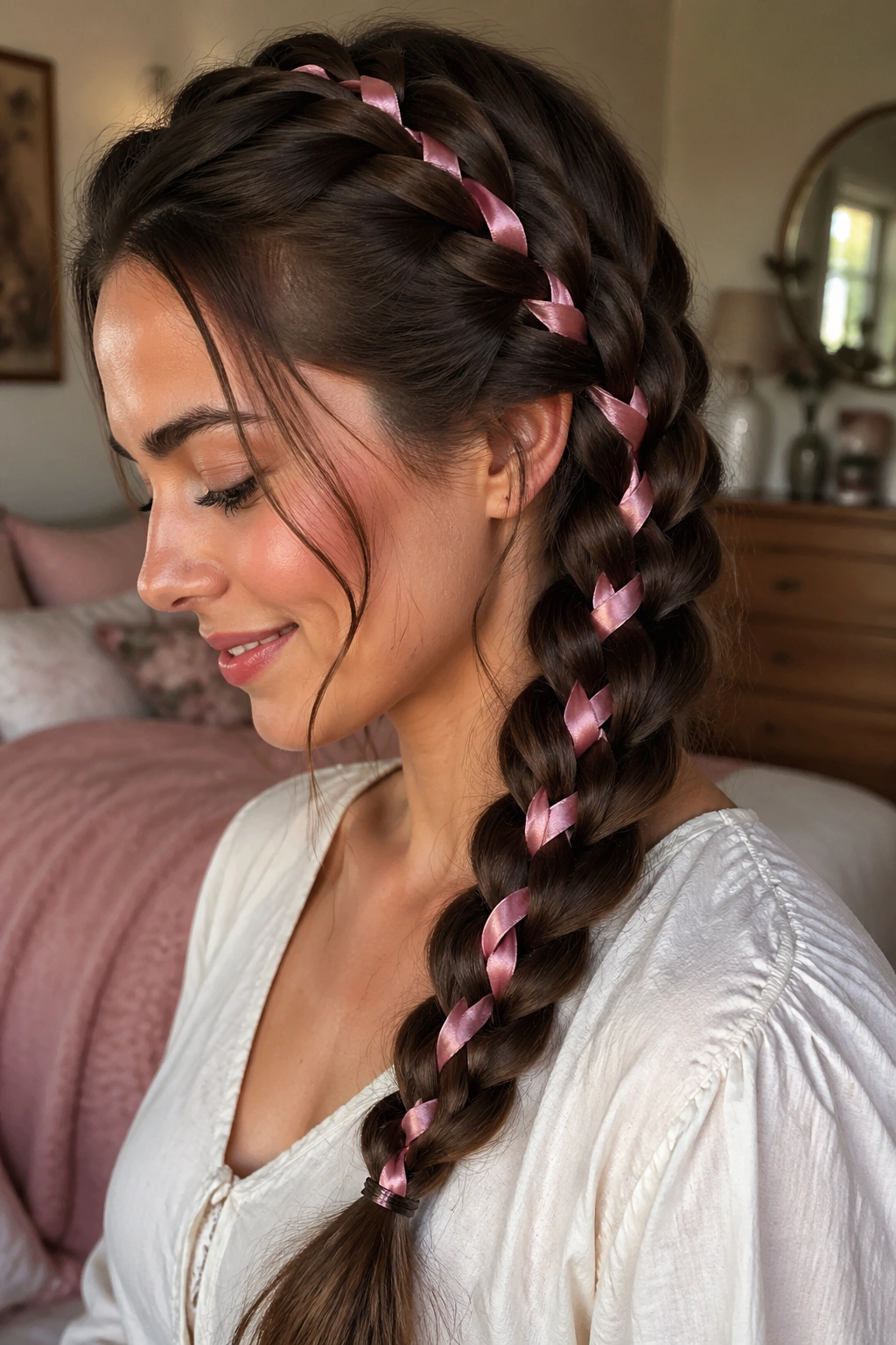 Close-up of a real person with a ribbon woven through a French braid.