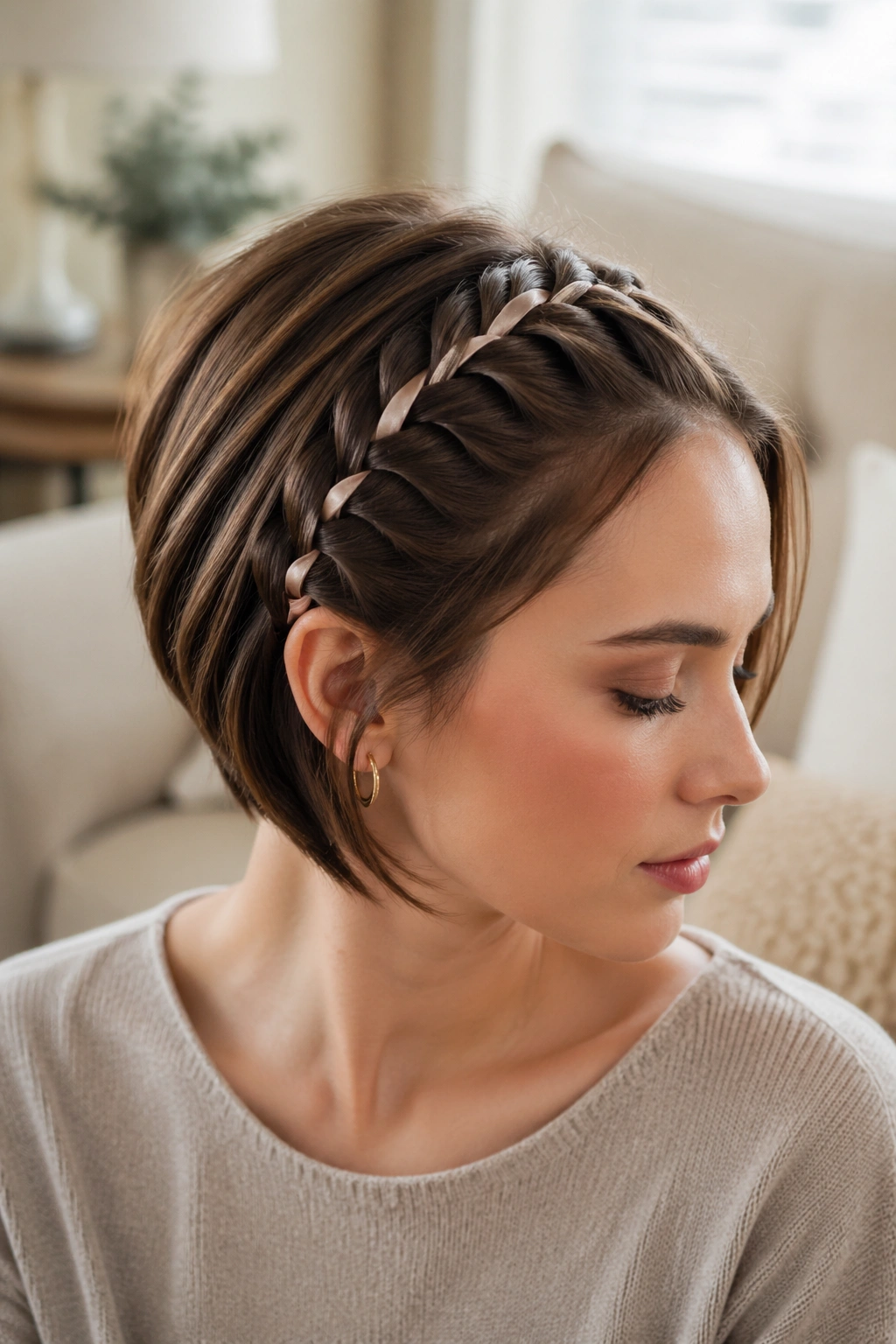 Close-up of a real woman with a ribbon woven into a French braid on a bob