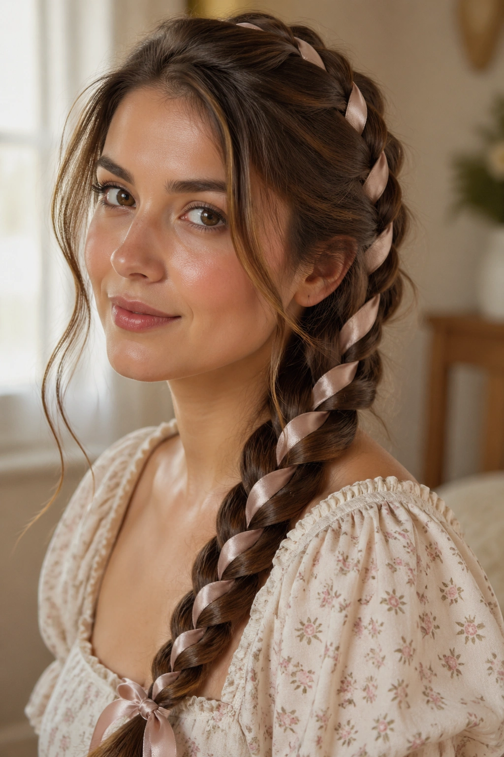 Portrait of a real woman with a ribbon-woven French braid in soft cottagecore lighting.