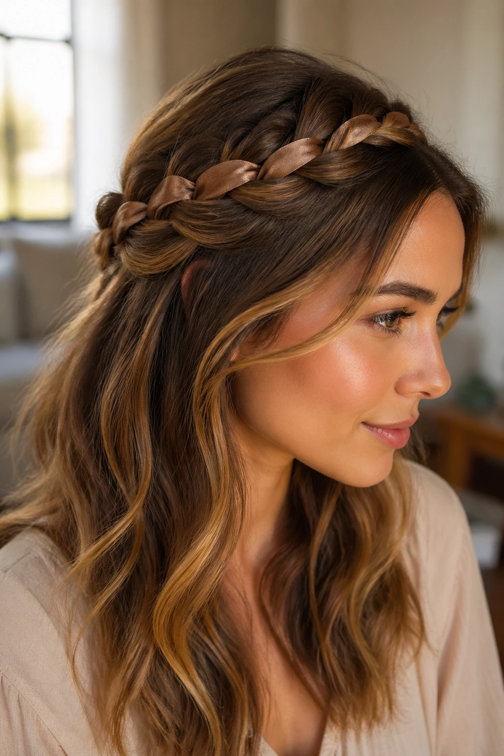 Close-up of a real woman with a ribbon woven through a half-up French braid
