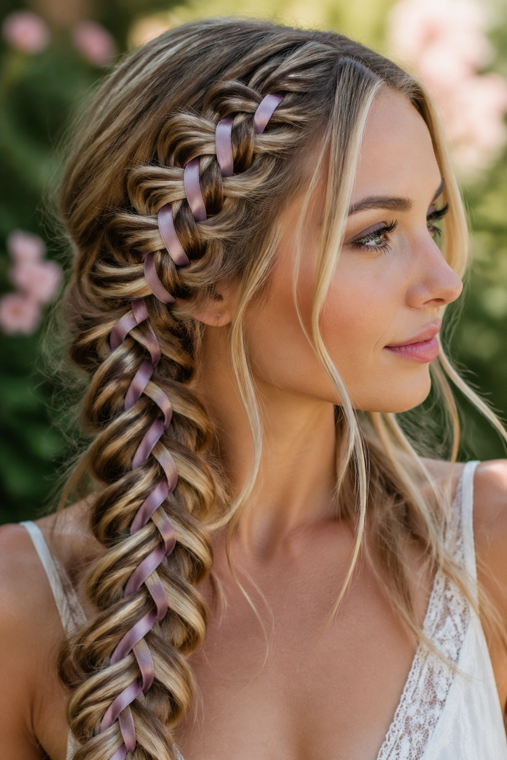 Close-up of a real woman's ribbon-woven mermaid braid with a narrow ribbon weaving through the strands.