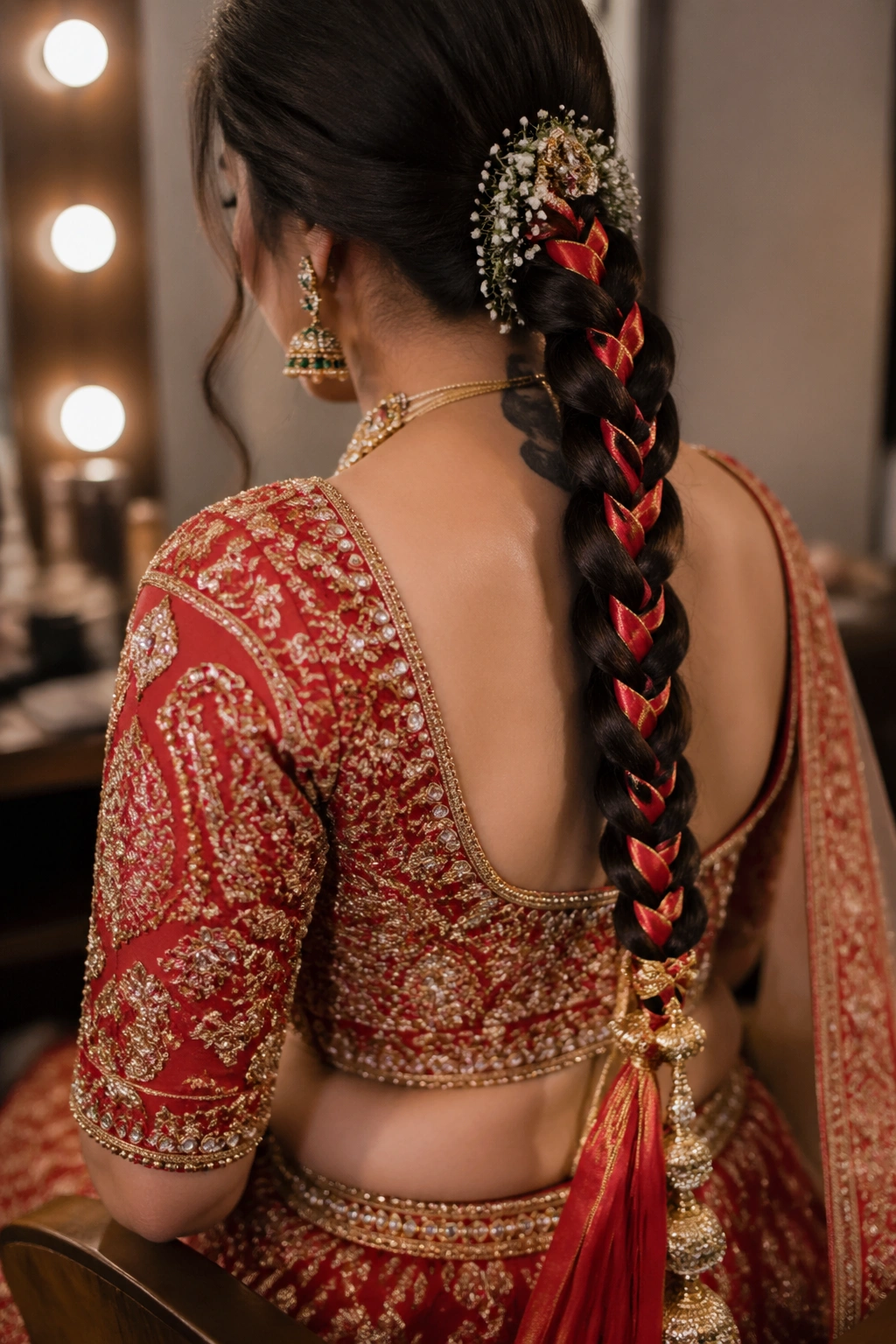 Close-up of ribbon-woven parandi braid on real bride