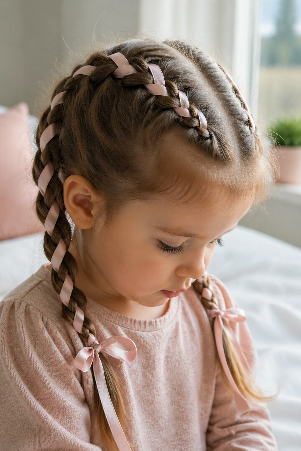 Two pigtails with ribbon woven through braids on a toddler
