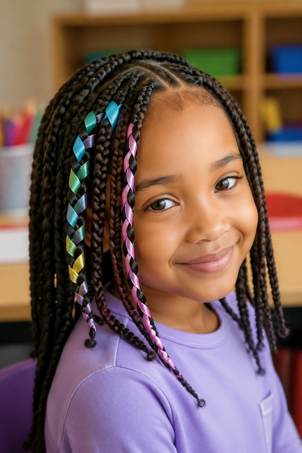 Close-up of real child with ribbon-woven rainbow braids